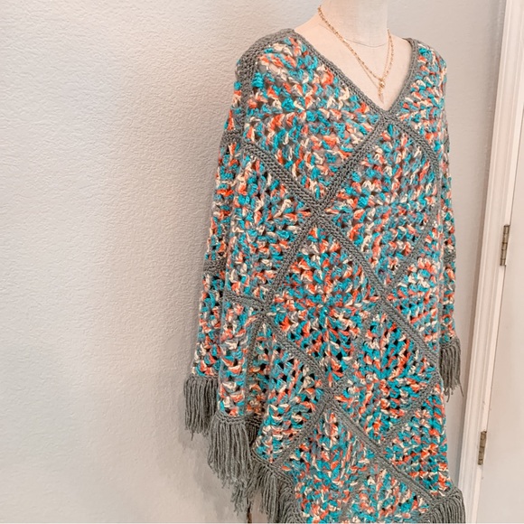 Granny Square Crochet Handmade Knit Shawl Cape Poncho Boho Festival Hippie - Picture 7 of 11